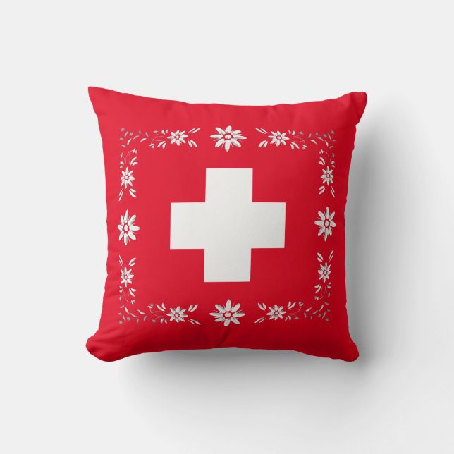 Swiss flag and edelweiss cushion (Front)