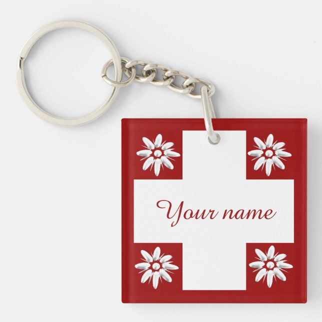Swiss flag and edelweiss key ring (Front)
