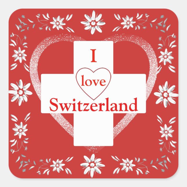 Swiss flag and edelweiss square sticker (Front)