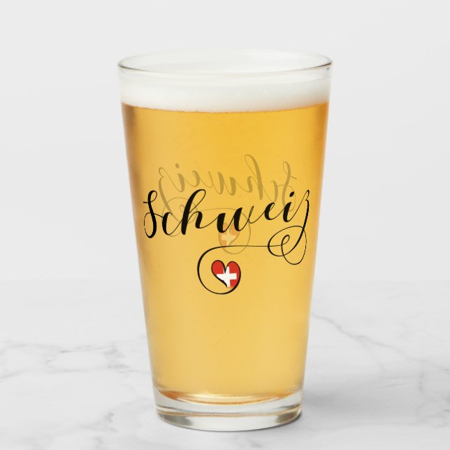 Swiss Flag In Heart, Schweiz, Switzerland Glass (Back Filled)