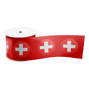 Swiss Flag ribbon, Switzerland circle on Red Satin Ribbon