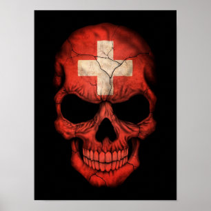 Swiss Flag Skull on Black Poster