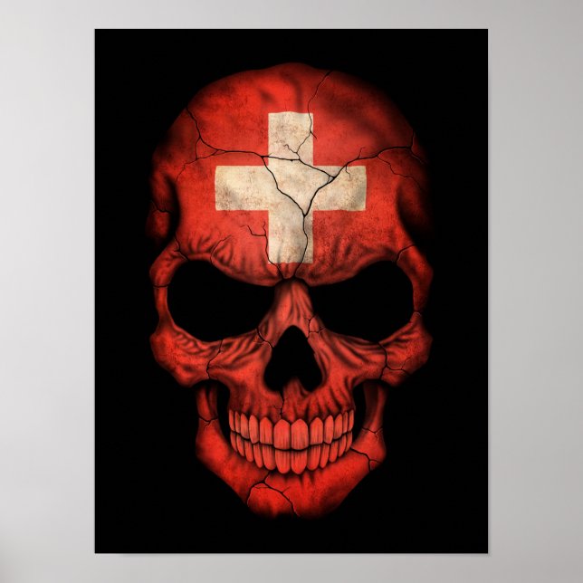 Swiss Flag Skull on Black Poster (Front)