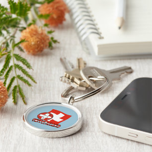 Swiss Flag Soccer Ball Blue Background Round Key Ring