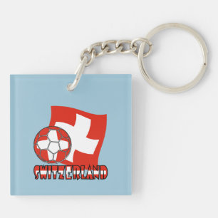 Swiss Flag Soccer Ball Blue Background Square Key Ring