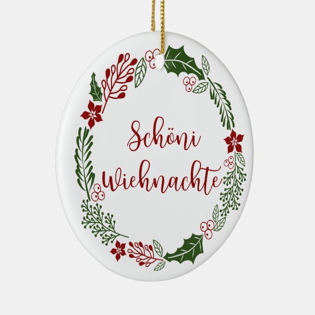 Swiss Merry Christmas Wreath, Schöni Wiehnachte Ceramic Tree Decoration (Right)