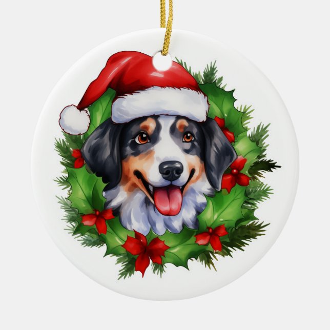 Swiss Mountain Dog Wreath Ceramic Tree Decoration (Front)
