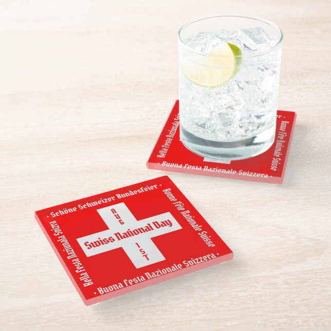 Swiss National Day in Four Languages Swiss Flag Glass Coaster (Angled)