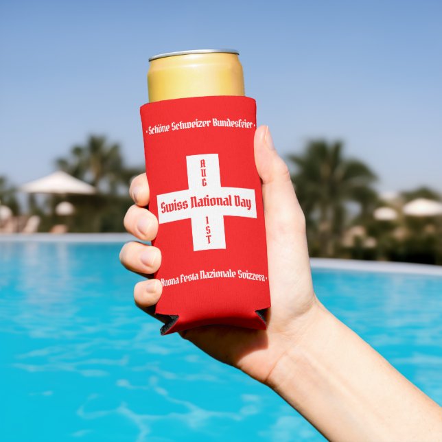 Swiss National Day in Four Languages Swiss Flag Seltzer Can Cooler (In Situ Pool)