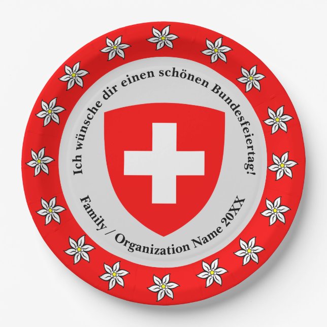 Swiss National Day Switzerland Flag Edelweiss      Paper Plate (Front)