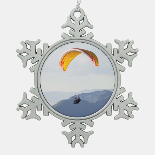 Swiss Paragliding Snowflake Orange Pewter Christmas Ornament (Front)