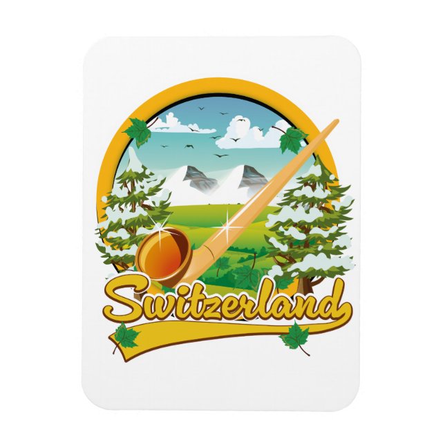 Switzerland alphorn retro travel logo magnet (Vertical)