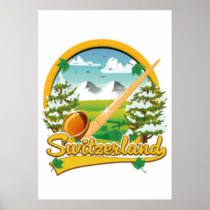 Switzerland alphorn retro travel logo poster