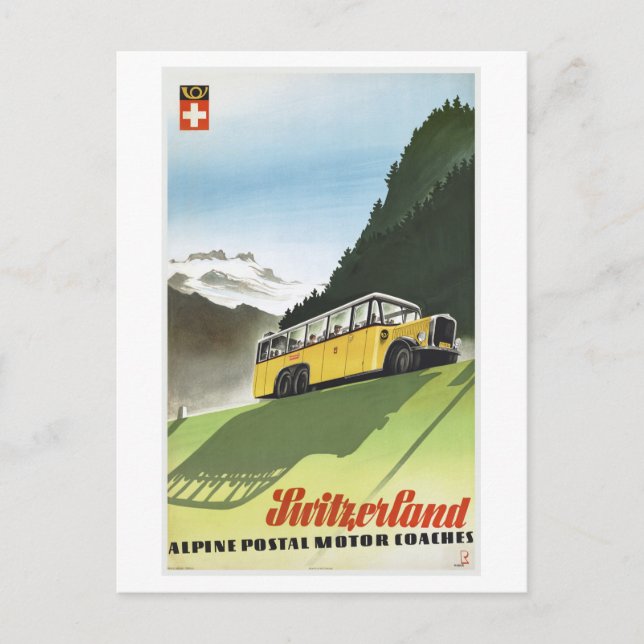 Switzerland Alpine Bus Vintage Travel Postcard (Front)