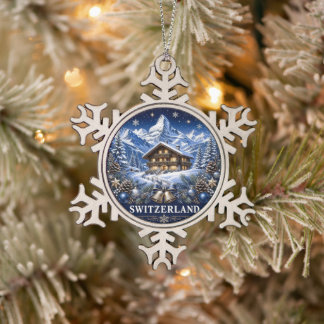 Switzerland Blue Holiday Chalet Scene Snowflake Pewter Christmas Ornament