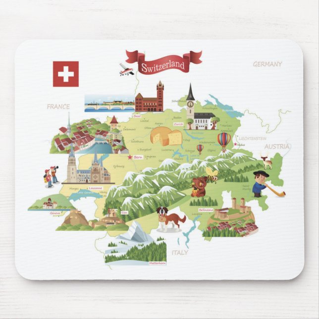 Switzerland Cartoon Map Mouse Mat (Front)