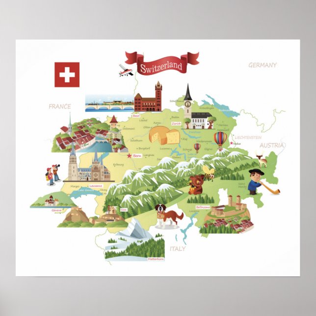 Switzerland Cartoon Map Poster (Front)