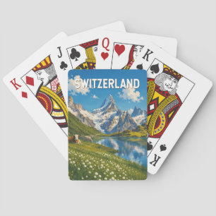 Switzerland Cows Cow Illustration Travel Art Retro Playing Cards