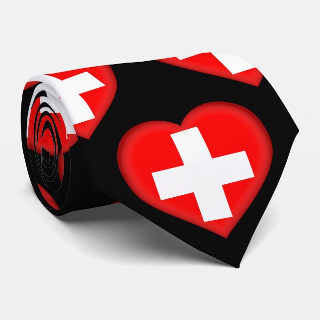 Switzerland Flag Colours Heart Pattern Neck Tie (Rolled)