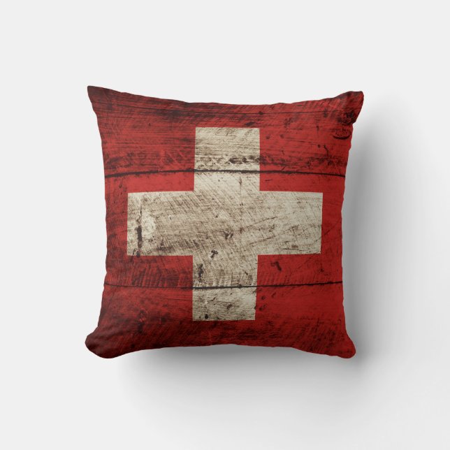 Switzerland Flag on Old Wood Grain Cushion (Front)