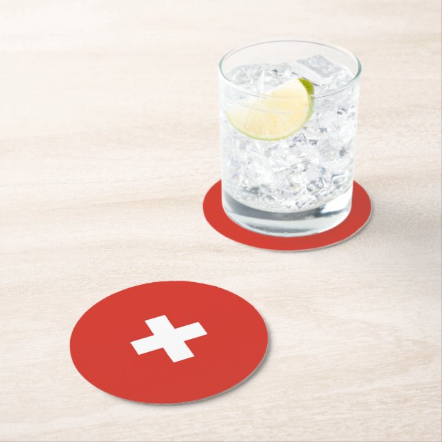 Switzerland flag round paper coaster (Insitu)