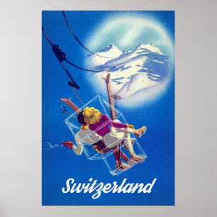 Switzerland, Happy Ski Couple on Cable Car Poster