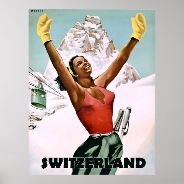 Switzerland, happy skiing woman, vintage travel poster (Front)