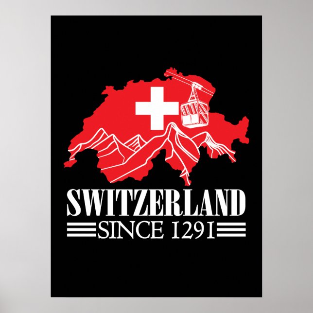 Switzerland Map Since 1291 Mountains Swiss Flag Poster (Front)