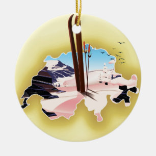 Switzerland map Ski travel poster. Ceramic Tree Decoration