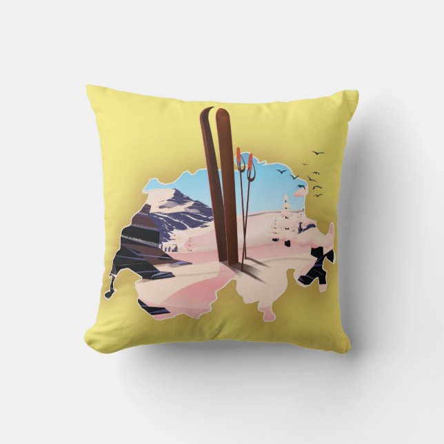 Switzerland map Ski travel poster. Cushion (Front)