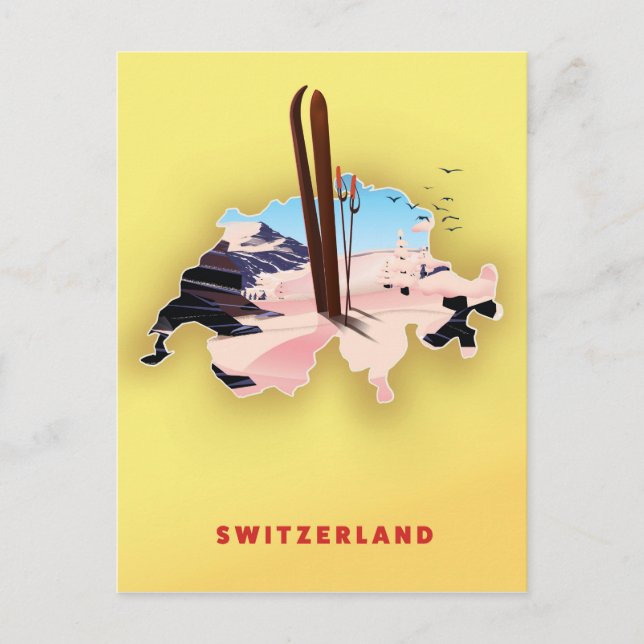 Switzerland map Ski travel poster. Postcard (Front)