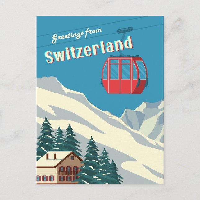 Switzerland Retro Snowy Mountain Gondola Postcard (Front)