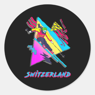 Switzerland ski skier retro snow skiing adventure classic round sticker