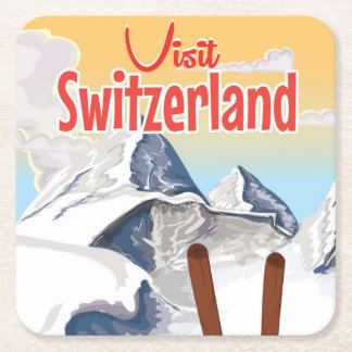 Switzerland Ski travel poster Square Paper Coaster