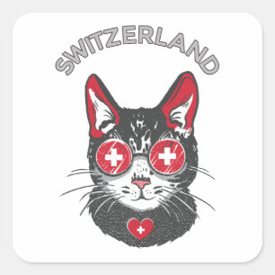 Switzerland Soccer Cat Mascot Swiss Fan flag Square Sticker