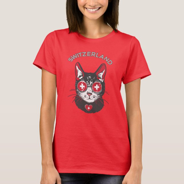 Switzerland Soccer Cat Mascot Swiss Fan flag T-Shirt (Front)