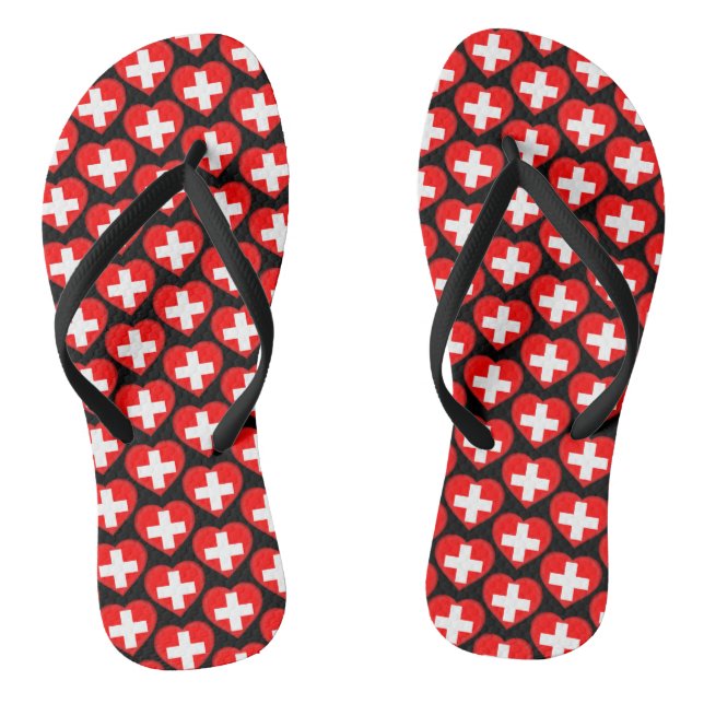 Switzerland Swiss Flag Colours Hearts Pattern Flip Flops (Footbed)