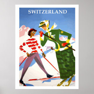 Switzerland, two woman on a ski, vintage travel poster