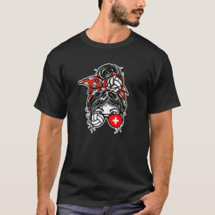 Switzerland Volleyball  Messy Bun Hair Girl Swiss  T-Shirt
