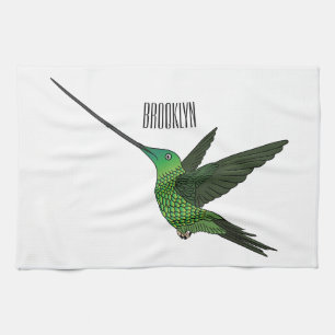 Sword-billed hummingbird cartoon illustration tea towel