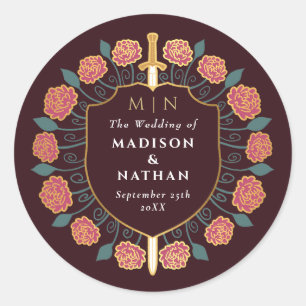 Sword & Shield Mediaeval Fantasy Monogram Wedding Classic Round Sticker