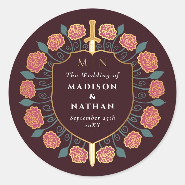 Sword & Shield Mediaeval Fantasy Monogram Wedding Classic Round Sticker (Front)