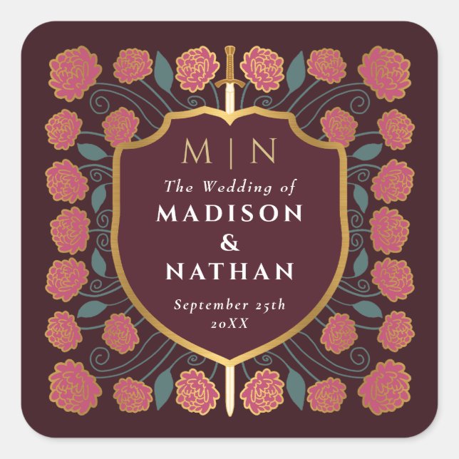 Sword & Shield Mediaeval Fantasy Monogram Wedding Square Sticker (Front)