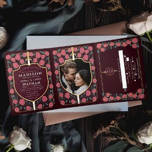 Sword & Shield Mediaeval Fantasy Monogram Wedding Tri-Fold Invitation