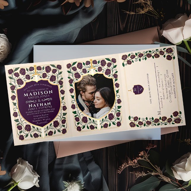 Sword & Shield Mediaeval Fantasy Monogram Wedding Tri-Fold Invitation (Creator Uploaded)