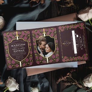 Sword & Shield Mediaeval Fantasy Monogram Wedding Tri-Fold Invitation