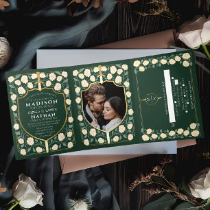 Sword & Shield Mediaeval Fantasy Wedding Green Tri-Fold Invitation