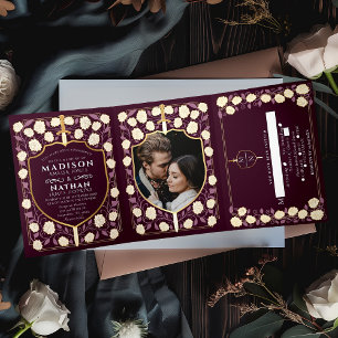 Sword & Shield Mediaeval Fantasy Wedding Red Tri-Fold Invitation