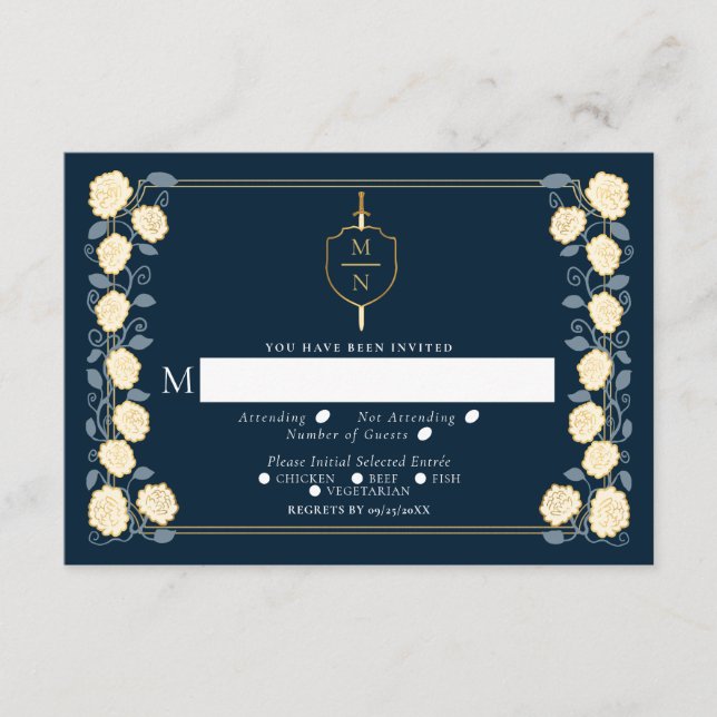Sword & Shield Mediaeval Fantasy Wedding RSVP Blue Enclosure Card (Front)
