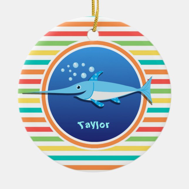 Swordfish; Bright Rainbow Stripes Ceramic Tree Decoration (Front)